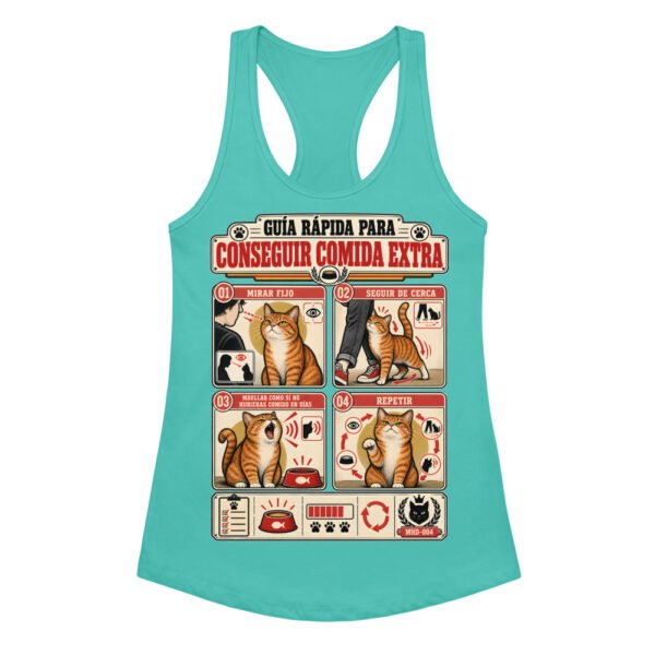 Camiseta de gatos para mujer CÓMO CONSEGUIR COMIDA EXTRA en color azul tahití, vista plana