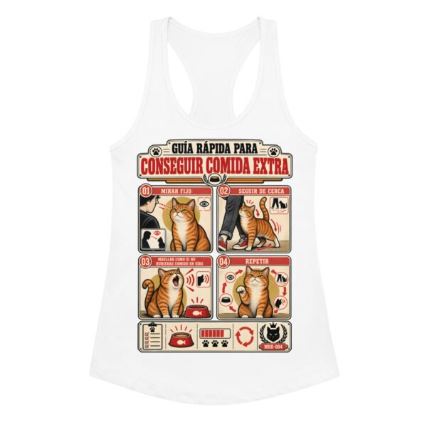 Camiseta de gatos para mujer CÓMO CONSEGUIR COMIDA EXTRA en color blanco, vista plana
