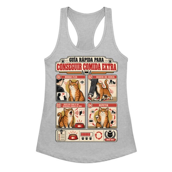 Camiseta de gatos para mujer CÓMO CONSEGUIR COMIDA EXTRA en color gris jaspeado, vista plana