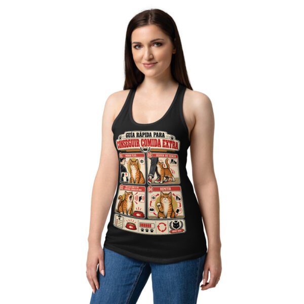 Camiseta de gatos para mujer CÓMO CONSEGUIR COMIDA EXTRA en color negro, sobre modelo