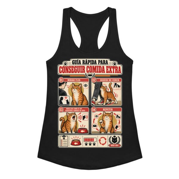 Camiseta de gatos para mujer CÓMO CONSEGUIR COMIDA EXTRA en color negro, vista plana