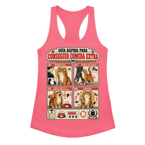 Camiseta de gatos para mujer CÓMO CONSEGUIR COMIDA EXTRA en color rosa eléctrico, vista plana