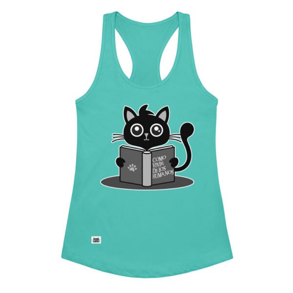 Camiseta de gatos para mujer CÓMO VIVIR DE LOS HUMANOS en color azul tahití, vista plana