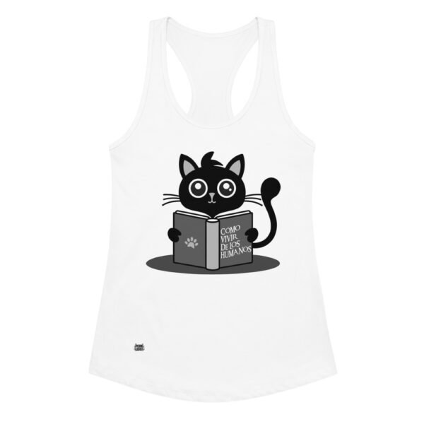 Camiseta de gatos para mujer CÓMO VIVIR DE LOS HUMANOS en color blanco, vista plana