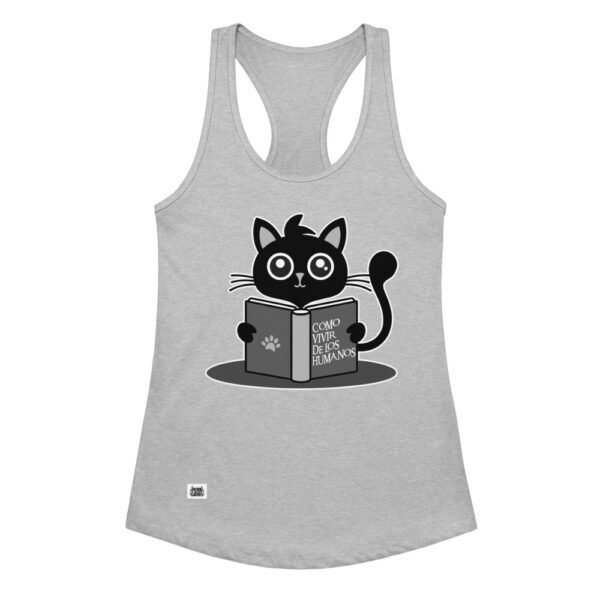 Camiseta de gatos para mujer CÓMO VIVIR DE LOS HUMANOS en color gris jaspeado, vista plana
