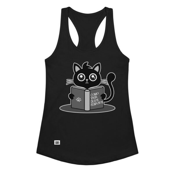 Camiseta de gatos para mujer CÓMO VIVIR DE LOS HUMANOS en color negro, vista plana