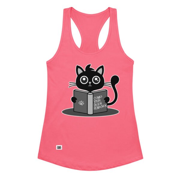 Camiseta de gatos para mujer CÓMO VIVIR DE LOS HUMANOS en color rosa eléctrico, vista plana