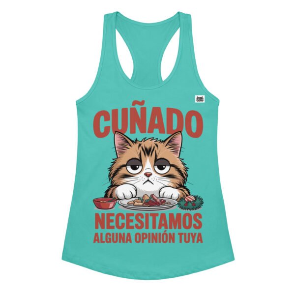 Camiseta de gatos para mujer CUÑADO, NECESITAMOS ALGUNA OPINIÓN TUYA en color azul tahití, vista plana