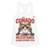 Camiseta de gatos para mujer CUÑADO, NECESITAMOS ALGUNA OPINIÓN TUYA en color blanco, vista plana