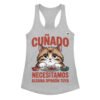 Camiseta de gatos para mujer CUÑADO, NECESITAMOS ALGUNA OPINIÓN TUYA en color gris jaspeado, vista plana