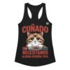 Camiseta de gatos para mujer CUÑADO, NECESITAMOS ALGUNA OPINIÓN TUYA en color negro, vista plana