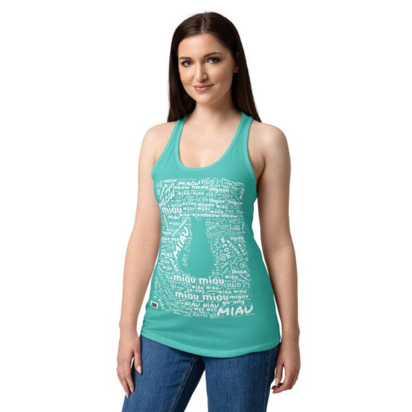Camiseta de gatos para mujer MIAU EN 40 IDIOMAS en color azul tahití, sobre modelo