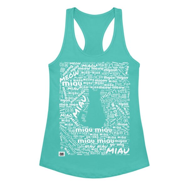 Camiseta de gatos para mujer MIAU EN 40 IDIOMAS en color azul tahití, vista plana