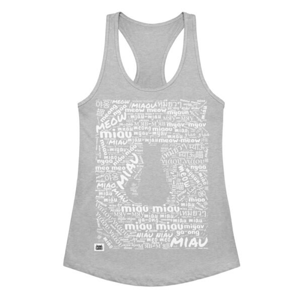 Camiseta de gatos para mujer MIAU EN 40 IDIOMAS en color gris jaspeado, vista plana