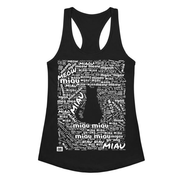 Camiseta de gatos para mujer MIAU EN 40 IDIOMAS en color negro, vista plana