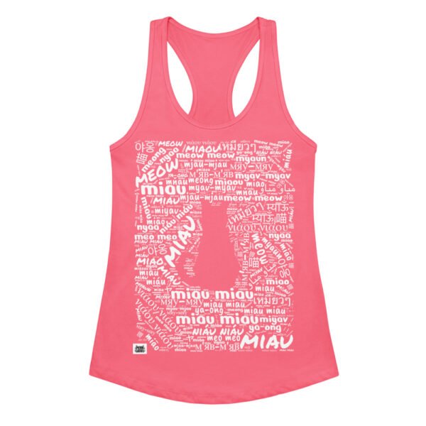 Camiseta de gatos para mujer MIAU EN 40 IDIOMAS en color rosa eléctrico, vista plana