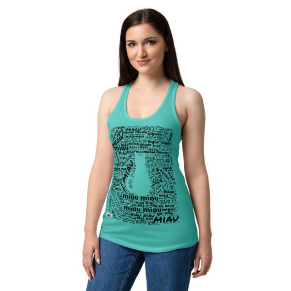Camiseta de gatos para mujer MIAU EN 40 IDIOMAS en color azul tahití, sobre modelo