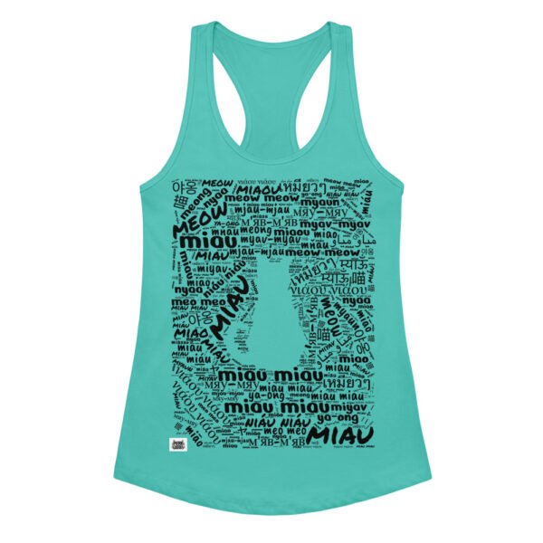 Camiseta de gatos para mujer MIAU EN 40 IDIOMAS en color azul tahití, vista plana