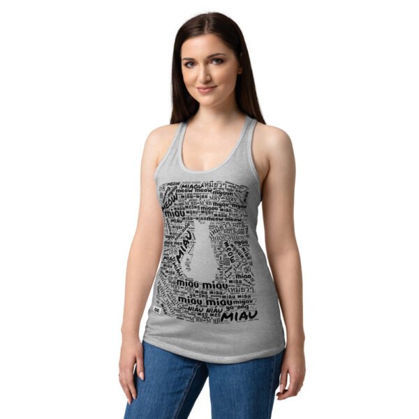 Camiseta de gatos para mujer MIAU EN 40 IDIOMAS en color gris jaspeado, sobre modelo