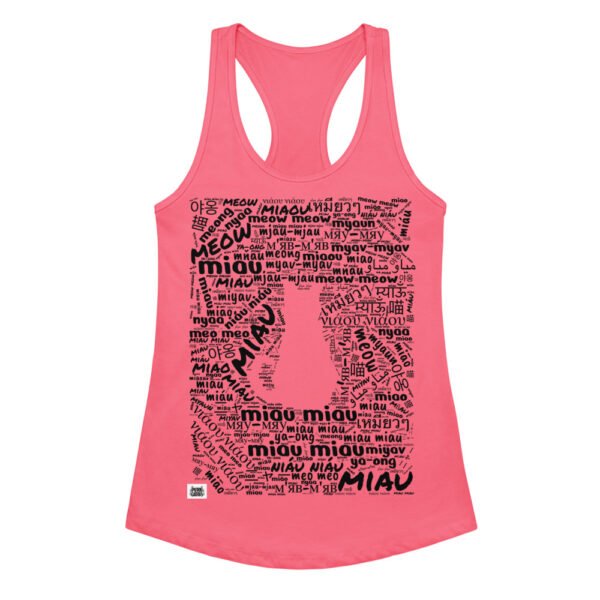 Camiseta de gatos para mujer MIAU EN 40 IDIOMAS en color rosa eléctrico, vista plana