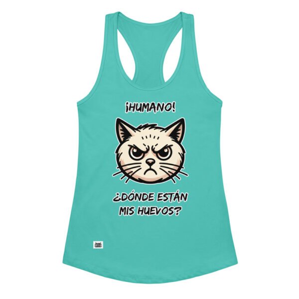 Camiseta de gatos para mujer ¿DÓNDE ESTÁN MIS HUEVOS? en color azul tahití, vista plana