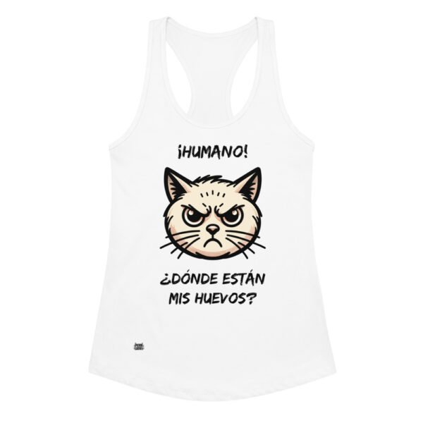 Camiseta de gatos para mujer ¿DÓNDE ESTÁN MIS HUEVOS? en color blanco, vista plana