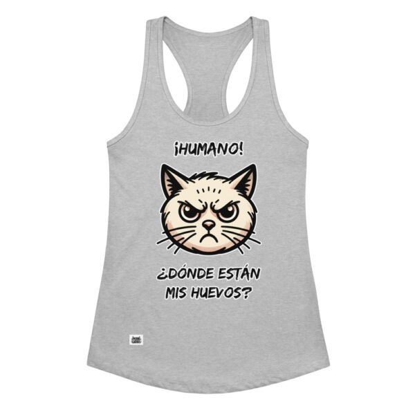 Camiseta de gatos para mujer ¿DÓNDE ESTÁN MIS HUEVOS? en color gris jaspeado, vista plana