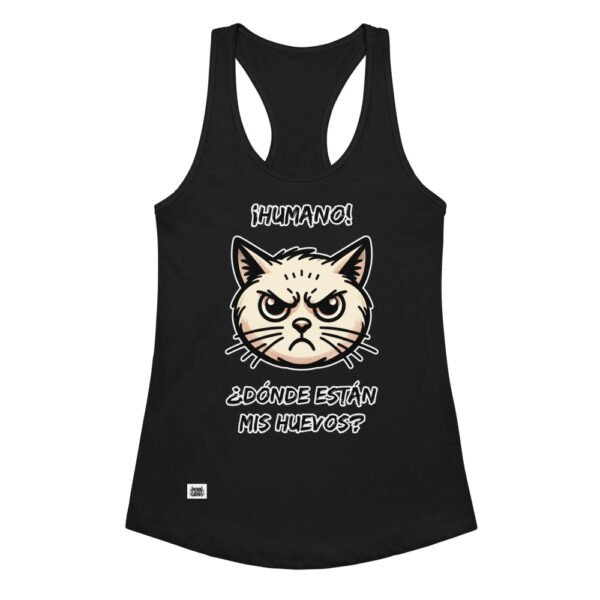 Camiseta de gatos para mujer ¿DÓNDE ESTÁN MIS HUEVOS? en color negro, vista plana