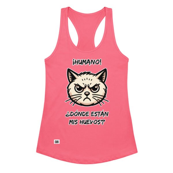 Camiseta de gatos para mujer ¿DÓNDE ESTÁN MIS HUEVOS? en color rosa eléctrico, vista plana