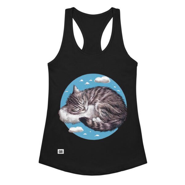Camiseta de gatos para mujer GATO DORMIDO ENTRE NUBES en color negro, vista plana