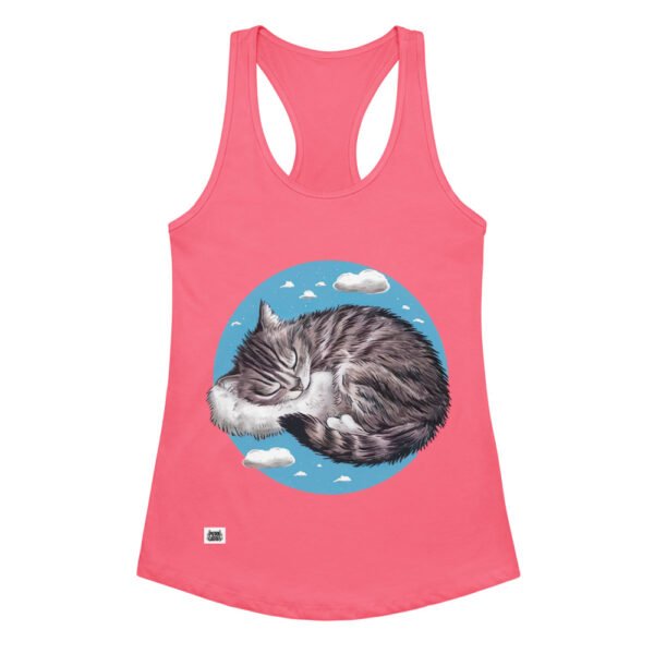 Camiseta de gatos para mujer GATO DORMIDO ENTRE NUBES en color rosa eléctrico, vista plana