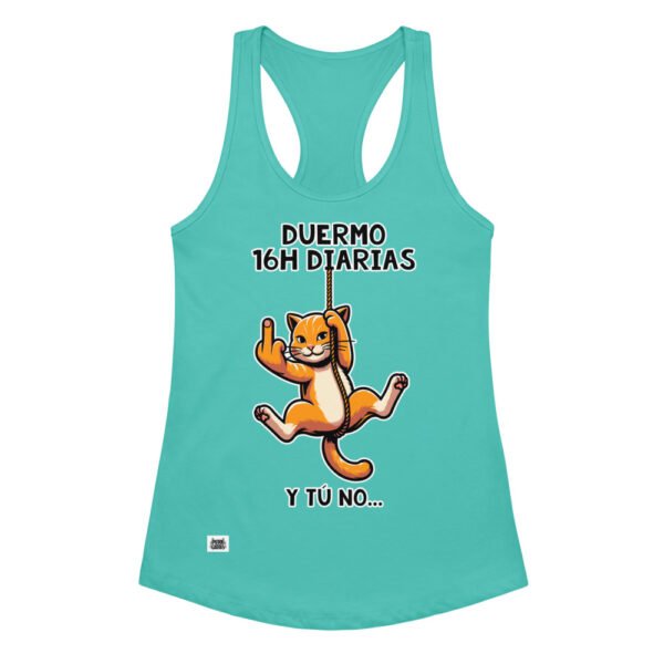 Camiseta de gatos para mujer DUERMO 16H DIARIAS en color azul tahití, vista plana