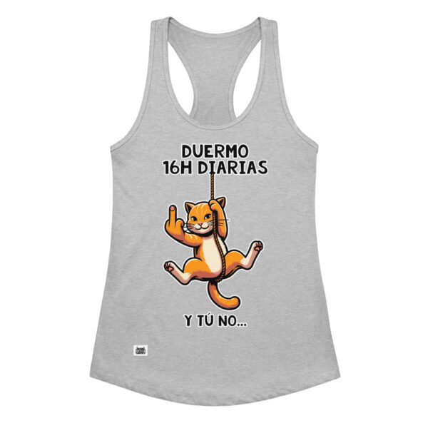 Camiseta de gatos para mujer DUERMO 16H DIARIAS en color gris jaspeado, vista plana