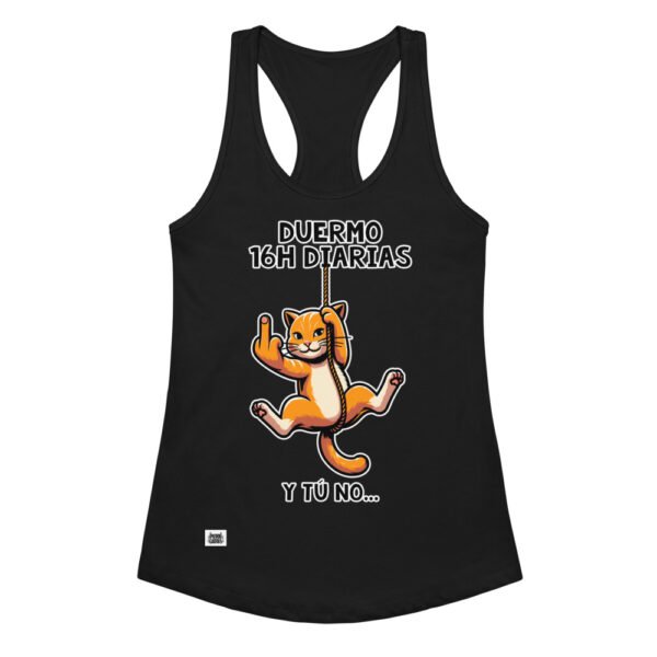 Camiseta de gatos para mujer DUERMO 16H DIARIAS en color negro, vista plana