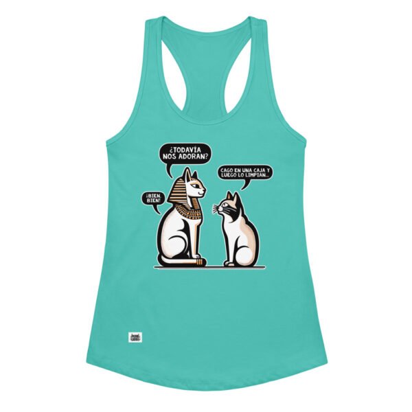 Camiseta de gatos para mujer ¿NOS ADORAN? en color azul tahití, vista plana