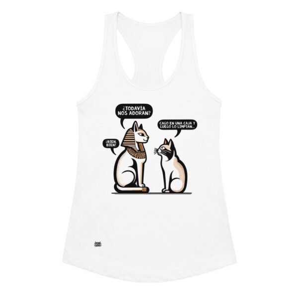 Camiseta de gatos para mujer ¿NOS ADORAN? en color blanco, vista plana
