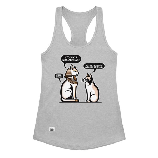 Camiseta de gatos para mujer ¿NOS ADORAN? en color gris jaspeado, vista plana