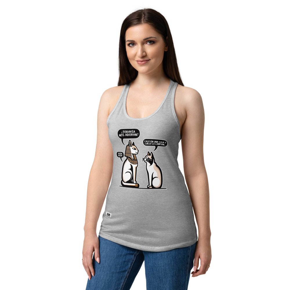 Camiseta de gatos para mujer ¿NOS ADORAN? en color gris jaspeado, sobre modelo