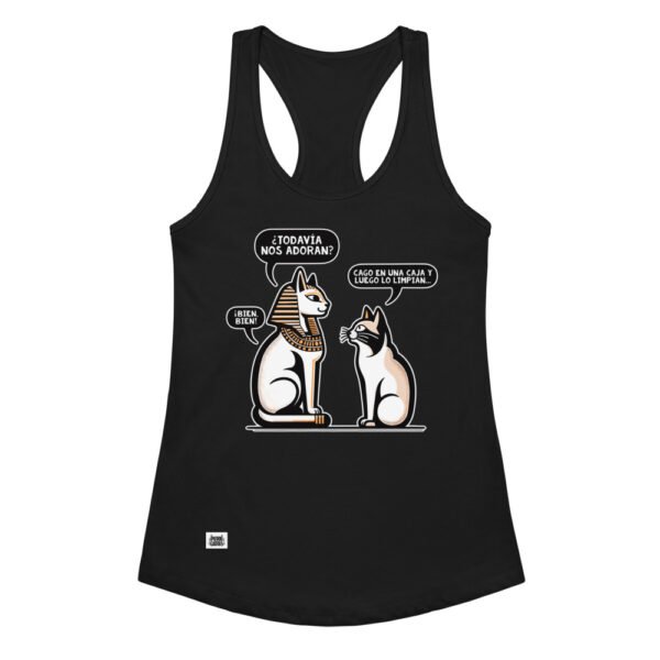 Camiseta de gatos para mujer ¿NOS ADORAN? en color negro, vista plana