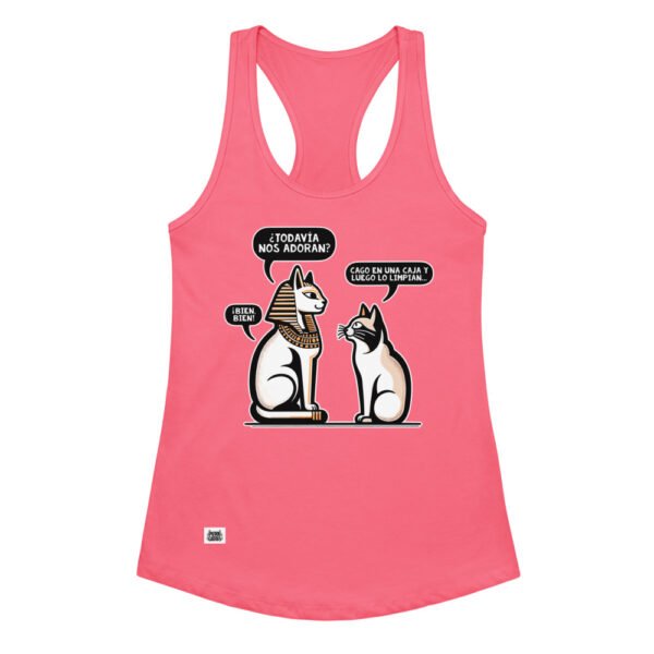 Camiseta de gatos para mujer ¿NOS ADORAN? en color rosa eléctrico, vista plana