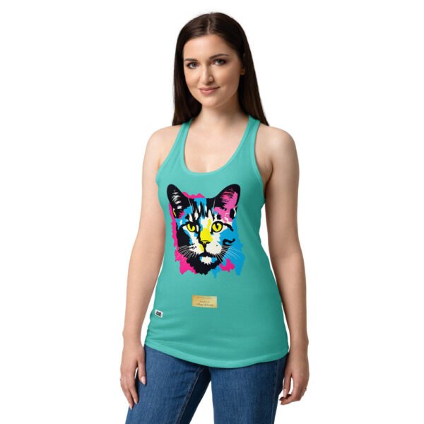 Camiseta de gatos para mujer EL GATO DE ANDY WARHOL en color azul tahití, sobre modelo