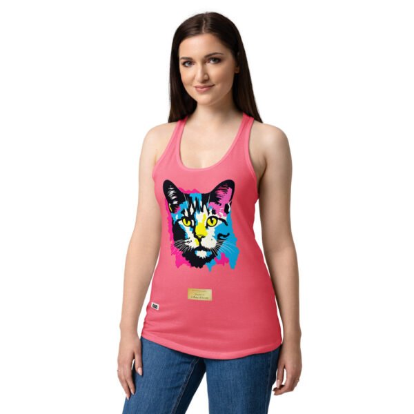 Camiseta de gatos para mujer EL GATO DE ANDY WARHOL en color rosa eléctrico, sobre modelo