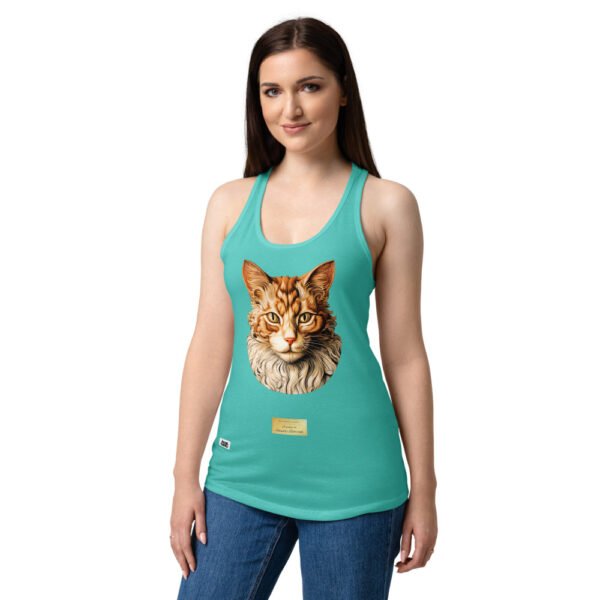 Camiseta de gatos para mujer EL GATO DE BOTTICELLI en color azul tahití, sobre modelo