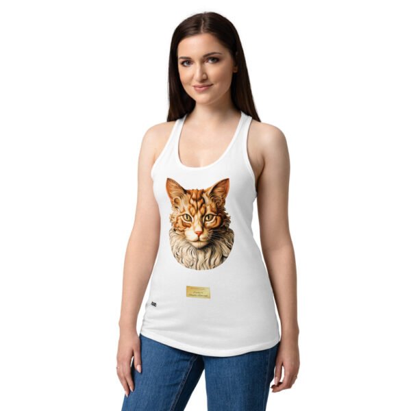 Camiseta de gatos para mujer EL GATO DE BOTTICELLI en color blanco, sobre modelo