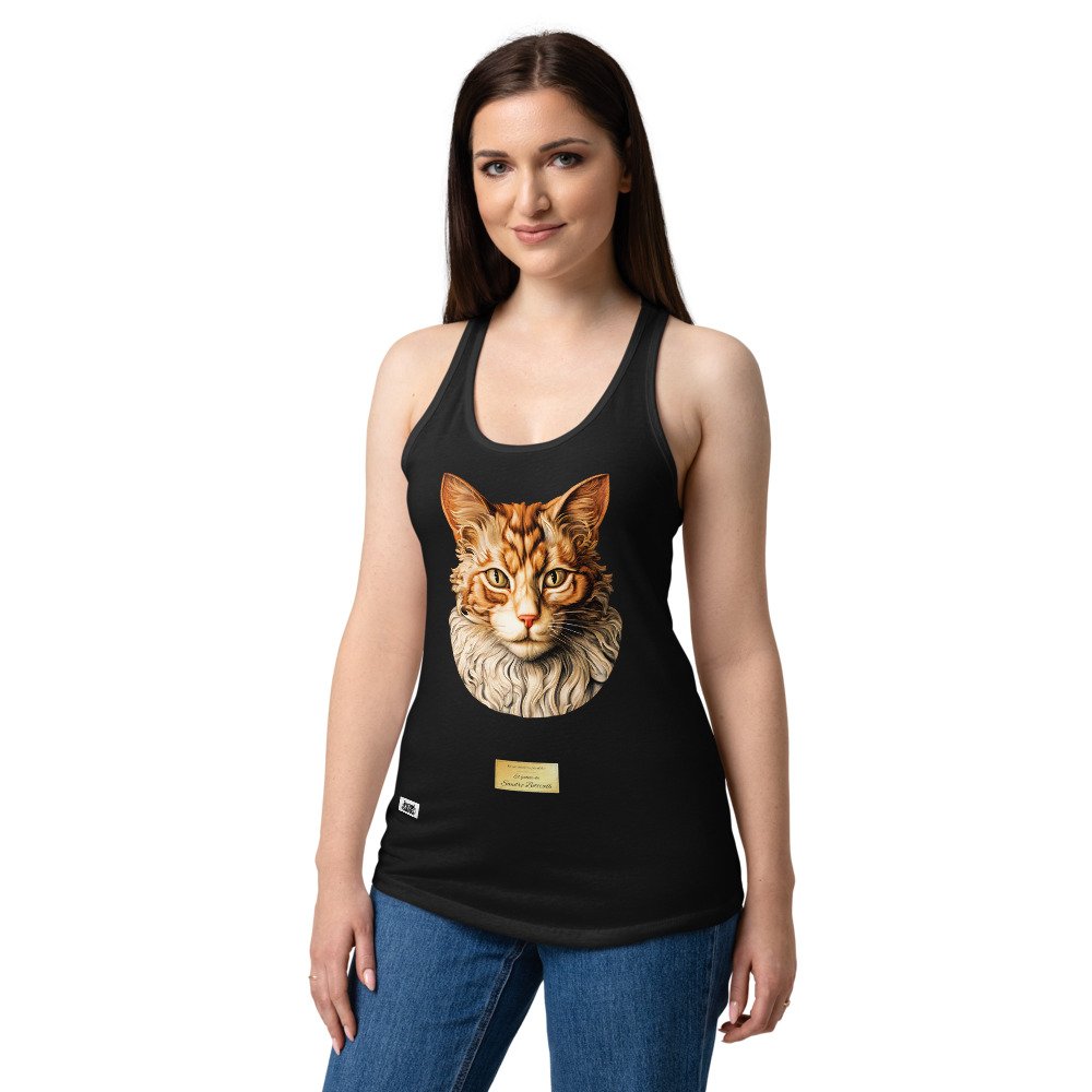 Camiseta de gatos para mujer EL GATO DE BOTTICELLI en color negro, sobre modelo