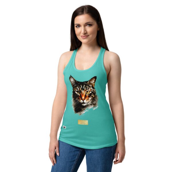 Camiseta de gatos para mujer EL GATO DE CARAVAGGIO en color azul tahití, sobre modelo