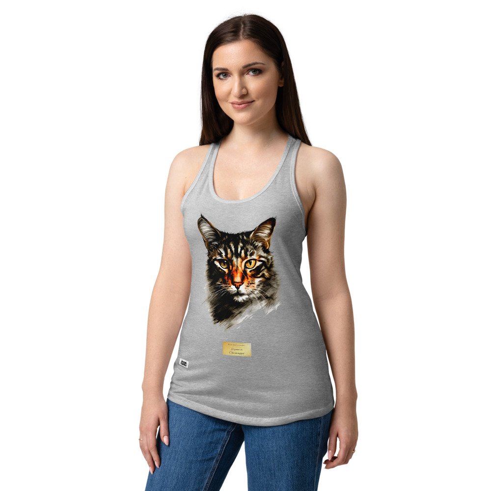 Camiseta de gatos para mujer EL GATO DE CARAVAGGIO en color gris jaspeado, sobre modelo