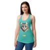 Camiseta de gatos para mujer EL GATO DE DA VINCI en color azul tahití, sobre modelo