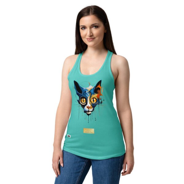 Camiseta de gatos para mujer EL GATO DE DALÍ en color azul tahití, sobre modelo