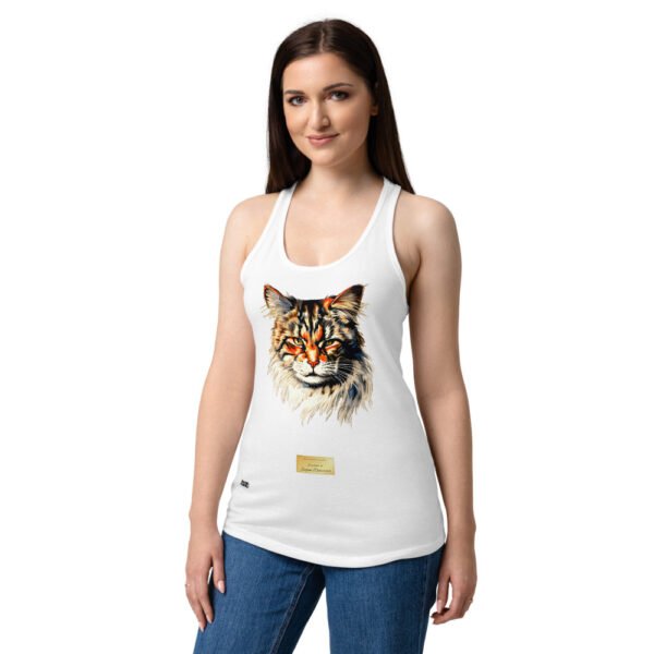 Camiseta de gatos para mujer EL GATO DE DELACROIX en color blanco, sobre modelo